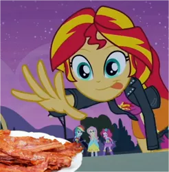 Size: 363x369 | Tagged: safe, derpibooru import, edit, edited screencap, screencap, fluttershy, pinkie pie, rainbow dash, sunset shimmer, equestria girls, equestria girls (movie), bacon, boots, exploitable meme, fall formal outfits, food, high heel boots, meat, meme, plate, shoes, sunset shimmer reaching for things, tongue out