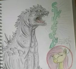 Size: 1024x927 | Tagged: artist:thegojirasaurus, crossover, derpibooru import, fluttershy, godzilla, godzilla (series), godzillashy, kaiju, roar, safe