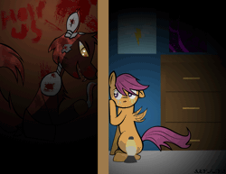 Size: 1650x1275 | Tagged: grimdark, artist:skyflys, derpibooru import, scootaloo, pegasus, pony, animated, crossover, crying, female, filly, five nights at freddy's, five nights at freddy's 4, foxy, lamp, nightmare foxy