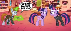 Size: 1545x679 | Tagged: safe, derpibooru import, twilight sparkle, oc, oc:littlepip, pony, unicorn, fallout equestria, fanfic, it's about time, bag, book, bookshelf, clothes, fallout, fanfic art, female, future twilight, glowing horn, golden oaks library, gun, handgun, hooves, horn, levitation, little macintosh, magic, mare, optical sight, pipbuck, revolver, saddle bag, speech bubble, teeth, telekinesis, terminator, time travel, time travelers, vault suit, weapon