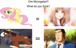 Size: 1655x1047 | Tagged: anime, comparison, derpibooru import, fluttershy, my love story!!, obligatory pony, ore monogatari!!, rinko yamato, safe, takeo gouda, trouble shoes