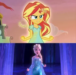 Size: 1280x1253 | Tagged: safe, derpibooru import, sunset shimmer, equestria girls, my past is not today, comparison, contrast, discussion, elsa, fire, frozen (movie), ice, let it go, magic, not fiery shimmer