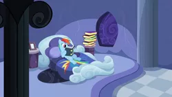 Size: 1280x720 | Tagged: bed, bedroom, book, derpibooru import, rainbow dash, rainbow dash's house, reading, read it and weep, safe, screencap, solo