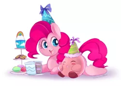 Size: 890x635 | Tagged: artist:ende26, cake, crossover, derpibooru import, eating, eyes closed, food, happy, hat, kirby, kirby (character), kirby pie, open mouth, party hat, pinkie pie, prone, safe, simple background