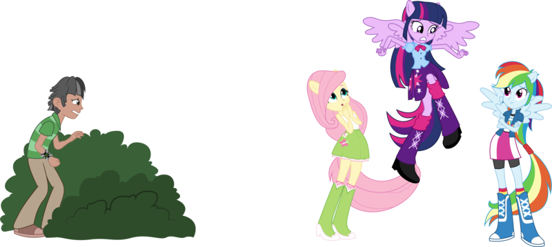 Size: 7510x3364 | Tagged: safe, artist:shadyhorseman, derpibooru import, fluttershy, rainbow dash, twilight sparkle, oc, oc:rock star, equestria girls, :), :o, ben 10, blue's clues, bush, hiding, male, omnitrix, open mouth, ponied up, reference, simple background, smiling, surprised, transparent background, twilight can't fly, vector, worried