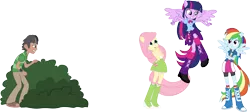 Size: 7510x3364 | Tagged: safe, artist:shadyhorseman, derpibooru import, fluttershy, rainbow dash, twilight sparkle, oc, oc:rock star, equestria girls, :), :o, ben 10, blue's clues, bush, hiding, male, omnitrix, open mouth, ponied up, reference, simple background, smiling, surprised, transparent background, twilight can't fly, vector, worried