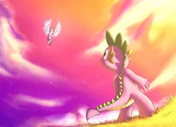 Size: 3727x2687 | Tagged: safe, artist:otakuap, derpibooru import, spike, twilight sparkle, twilight sparkle (alicorn), alicorn, pony, beautiful, female, flying, mare, smiling, spread wings, wings