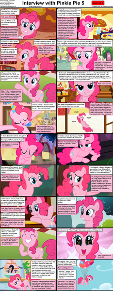 Size: 1282x3304 | Tagged: safe, derpibooru import, applejack, fluttershy, gummy, pinkie pie, rainbow dash, rarity, twilight sparkle, alligator, earth pony, pegasus, pony, unicorn, comic:celestia's servant interview, balloon, bedroom eyes, cake, candy, caption, comic, cs captions, female, floating, food, grin, interview, lying down, mare, prone, smiling, sugarcube corner, then watch her balloons lift her up to the sky