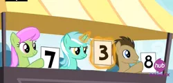 Size: 1438x690 | Tagged: safe, derpibooru import, screencap, doctor whooves, lyra heartstrings, merry may, time turner, pony, leap of faith, exploitable meme, judges, lyra is not amused, lyra's score, male, meme, stallion, unamused