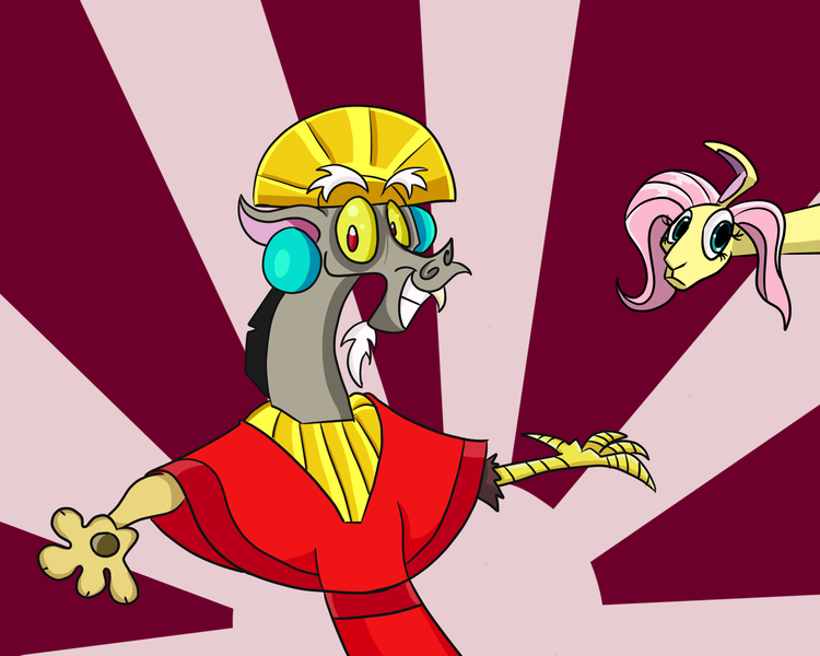 Size: 2000x1600 | Tagged: artist:turkleson, derpibooru import, discord, disney, fluttershy, kuzco, llama, safe, source needed, the emperor's new groove