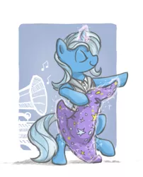 Size: 682x843 | Tagged: safe, artist:onkelscrut, derpibooru import, trixie, pony, bipedal, clothes, dancing, gramophone, hat, music, music notes, solo, trixie's hat