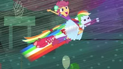 Size: 1920x1080 | Tagged: safe, derpibooru import, screencap, rainbow dash, scootaloo, equestria girls, equestria girls (movie), fall formal, fall formal outfits, flying, humans riding humans, ponied up, scootalove, sleeveless