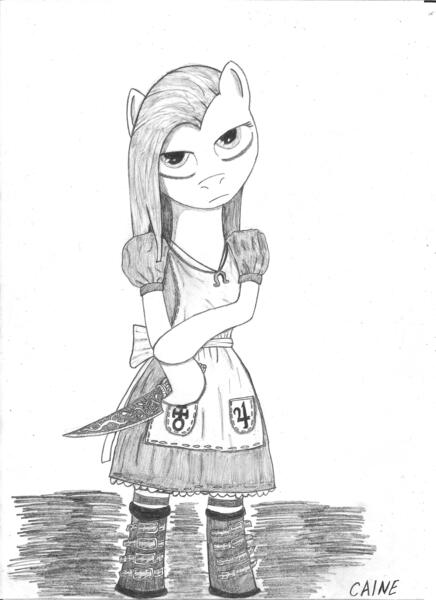 Size: 2550x3507 | Tagged: american mcgee's alice, artist:caine, clothes, derpibooru import, dress, knife, monochrome, pinkamena diane pie, pinkie pie, safe, solo