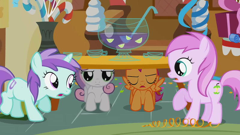 Size: 1280x720 | Tagged: safe, derpibooru import, screencap, liza doolots, petunia, piña colada, scootaloo, sweetie belle, tootsie flute, earth pony, pegasus, pony, unicorn, call of the cutie, candy, candy cane, cuteceañera, eyes closed, female, filly, foal, food, hiding, ice cream, ladle, piña cutelada, punch (drink), punch bowl, raised hoof, rug, sugarcube corner, table