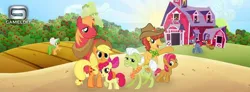 Size: 720x266 | Tagged: safe, derpibooru import, official, apple bloom, apple pie (character), apple split, applejack, babs seed, big macintosh, granny smith, half baked apple, perfect pie, earth pony, pony, apple, apple family, apple family member, apple siblings, apple sisters, apple tree, barn, basket, brother and sister, cloud, facebook, food, gameloft, logo, male, siblings, sisters, sky, stallion, sun, sweet apple acres, tree