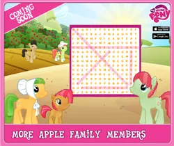 Size: 940x788 | Tagged: apple dumpling, apple family member, apple pie (character), babs seed, derpibooru import, fim logo, gameloft, golden delicious, my little pony logo, official, peachy sweet, perfect pie, promotional art, safe, text, word search, wordsearch
