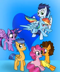 Size: 500x600 | Tagged: safe, artist:allemido44, derpibooru import, cheese sandwich, flash sentry, pinkie pie, rainbow dash, soarin', twilight sparkle, twilight sparkle (alicorn), alicorn, pony, backwards cutie mark, cheesepie, female, flashlight, male, mare, shipping, soarindash, straight