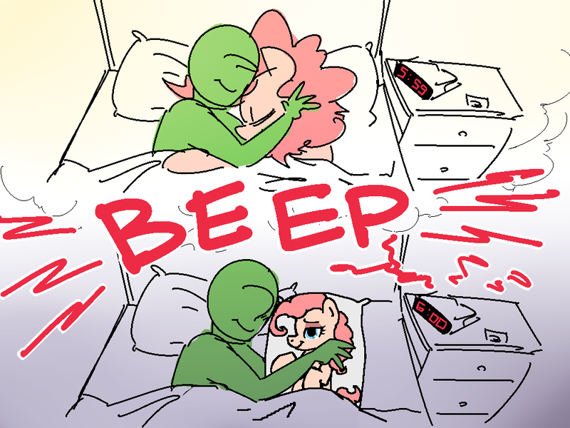 Size: 1000x750 | Tagged: alarm clock, artist:nobody, bed, body pillow, clock, derpibooru import, dream, edit, female, good end, human, male, oc, oc:anon, pinkie pie, reality ensues, safe, series:anon's alarm clock, snuggling, straight