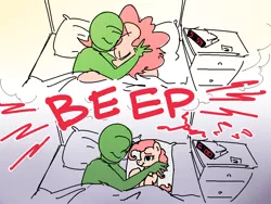 Size: 1000x750 | Tagged: alarm clock, artist:nobody, bed, body pillow, clock, derpibooru import, dream, edit, female, good end, human, male, oc, oc:anon, pinkie pie, reality ensues, safe, series:anon's alarm clock, snuggling, straight