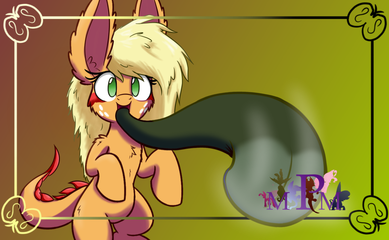 Size: 1280x788 | Tagged: safe, artist:heir-of-rick, derpibooru import, applejack, monster pony, original species, tatzlpony, miss pie's monsters, fourth wall, impossibly large ears, solo, species swap, tatzljack, tentacle tongue, tentacles, tongue out