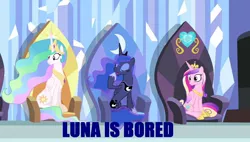 Size: 1266x720 | Tagged: caption, derpibooru import, equestria games, equestria games (episode), image macro, meme, princess cadance, princess celestia, princess luna, safe, screencap, text, yawn