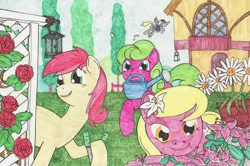 Size: 1188x791 | Tagged: safe, artist:enigmaticthief, derpibooru import, daisy, derpy hooves, flower wishes, lily, lily valley, roseluck, pegasus, pony, female, flower, flower trio, lily (flower), mare, ponyville, rose, traditional art