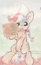 Size: 686x1073 | Tagged: artist:slightlyshade, derpibooru import, dutch, dutch cap, food, hat, hearth's warming con, mascot, netherlands, oc, oc:ember, pancakes, safe, solo, traditional art, unofficial characters only