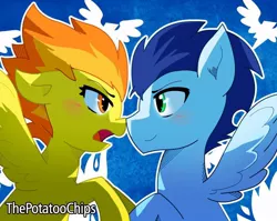 Size: 900x718 | Tagged: artist:potatoochips, blushing, boop, derpibooru import, female, male, noseboop, safe, shipping, soarin', soarinfire, spitfire, straight