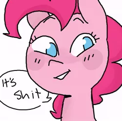 Size: 685x681 | Tagged: safe, artist:meowing-ghost, derpibooru import, pinkie pie, pony, blush sticker, blushing, bust, female, it's shit, mare, reaction image, simple background, solo, speech bubble, vulgar, white background