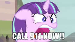 Size: 610x343 | Tagged: safe, derpibooru import, screencap, starlight glimmer, pony, unicorn, the cutie map, 911, angry, caption, female, first of the year (equinox), floppy ears, image macro, mare, meme, open mouth, ragelight glimmer, skrillex, solo, text