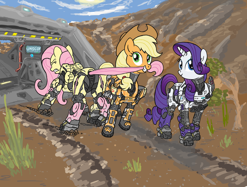 Size: 2496x1888 | Tagged: applejack, armor, armorarity, artist:lord-bovlington, crossover, derpibooru import, fluttershy, halo (series), rarity, safe, science fiction, video game