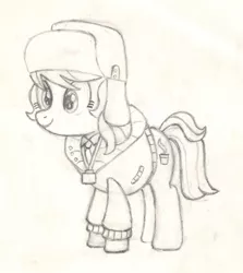 Size: 1800x2022 | Tagged: safe, artist:chronicle23, derpibooru import, march gustysnows, earth pony, pony, princess spike (episode), clothes, coat, female, hat, mare, monochrome, solo, traditional art, ushanka