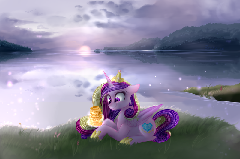 Size: 2100x1400 | Tagged: artist:segraece, derpibooru import, firefly (insect), food, insect, lake, magic, princess cadance, prone, safe, sękacz, solo, sunset, telekinesis, water