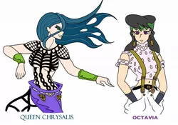 Size: 1024x716 | Tagged: artist:urusee584, clothes, derpibooru import, diamond is unbreakable, diavolo, ear piercing, earring, human, humanized, jewelry, jojo's bizarre adventure, midriff, octavia melody, piercing, queen chrysalis, request, rohan kishibe, suggestive, suspenders, tattoo, the mane is the hat, the tattoos are the sleeves, vento aureo