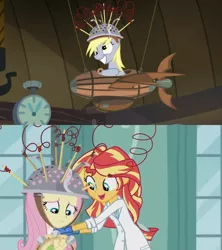 Size: 480x540 | Tagged: safe, derpibooru import, screencap, derpy hooves, fluttershy, sunset shimmer, equestria girls, friendship games, slice of life (episode), the science of magic, comparison, muffin 1, sunset the science gal
