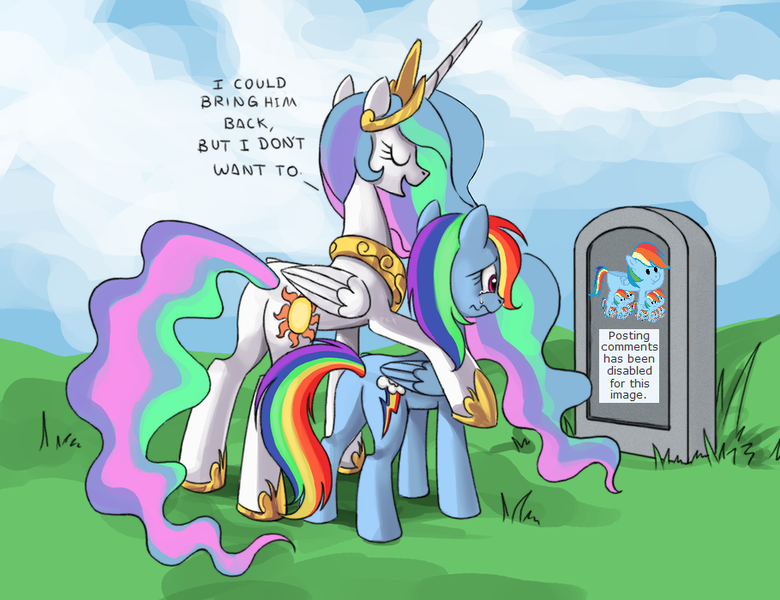 Size: 910x700 | Tagged: safe, artist:ponykillerx, artist:s.guri, derpibooru import, edit, princess celestia, rainbow dash, alicorn, pegasus, pony, butt, celestia's grave meme, clothes, dashie slippers, exploitable meme, female, grave, implied death, mare, meme, meta, plot, slippers