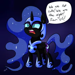 Size: 1900x1900 | Tagged: safe, artist:novaspark, derpibooru import, nightmare moon, alicorn, pony, blatant lies, cute, dialogue, female, filly, foal, i am the night, i'm not cute, lies, moonabetes, nightmare retardant, nightmare woon, royal we, solo