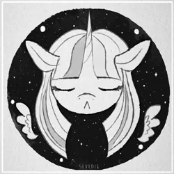 Size: 600x600 | Tagged: safe, artist:sevedie, derpibooru import, twilight sparkle, twilight sparkle (alicorn), alicorn, pony, disembodied head, female, head, mare, monochrome, space