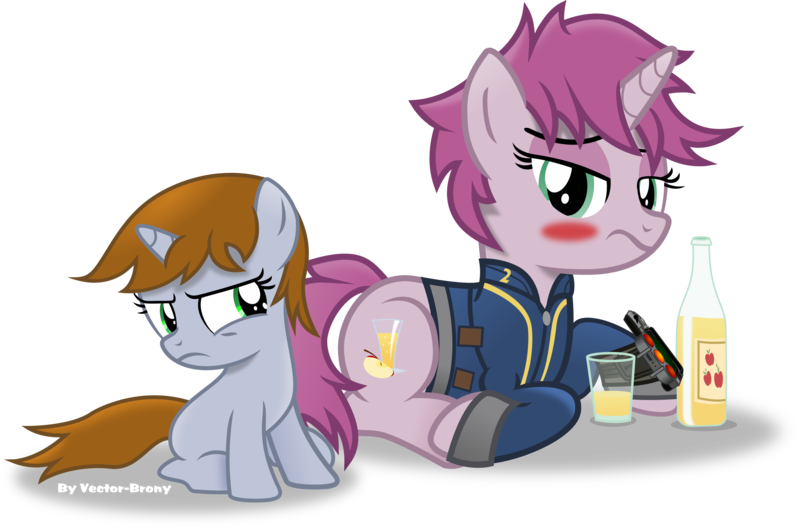 Size: 3388x2236 | Tagged: safe, artist:vector-brony, derpibooru import, oc, oc:littlepip, oc:littlepip's mother, unofficial characters only, pony, unicorn, fallout equestria, fanfic, blank flank, blushing, bottle, cider, clothes, cute, cutie mark, drunk, fanfic art, female, filly, foal, glass, hooves, horn, mare, mother and child, mother and daughter, pipbuck, prone, simple background, sitting, transparent background, vault suit, vector, young, younger
