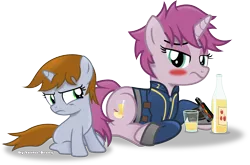 Size: 3388x2236 | Tagged: safe, artist:vector-brony, derpibooru import, oc, oc:littlepip, oc:littlepip's mother, unofficial characters only, pony, unicorn, fallout equestria, fanfic, blank flank, blushing, bottle, cider, clothes, cute, cutie mark, drunk, fanfic art, female, filly, foal, glass, hooves, horn, mare, mother and child, mother and daughter, pipbuck, prone, simple background, sitting, transparent background, vault suit, vector, young, younger