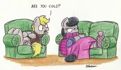 Size: 2181x1272 | Tagged: safe, artist:bobthedalek, derpibooru import, oc, oc:mixed melody, oc:octavia's father, oc:octavia's mother, oc:ostinato melody, unofficial characters only, earth pony, pony, armchair, blanket, clothes, couch, dialogue, duo, hot water bottle, lidded eyes, looking at each other, mug, on back, open mouth, scarf, steam, sweater, traditional art, underhoof