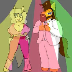Size: 1280x1280 | Tagged: 70's fashion, anthro, anthro oc, artist:the-bearded-pony, big breasts, breasts, cleavage, derpibooru import, disco, female, huge breasts, male, oc, oc:hellen lockheart, oc:steel plate, safe, unofficial characters only