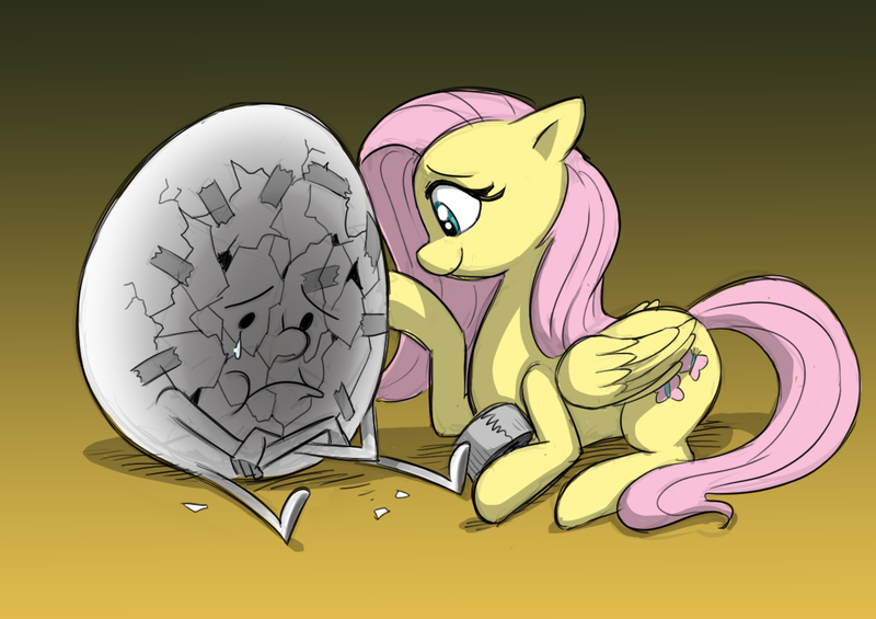 Size: 1208x853 | Tagged: artist:mickeymonster, crossover, crying, cute, derpibooru import, duct tape, egg, flumpty bumpty, fluttershy, frown, one night at flumpty's, petting, prone, sad, safe, smiling, :t, tape