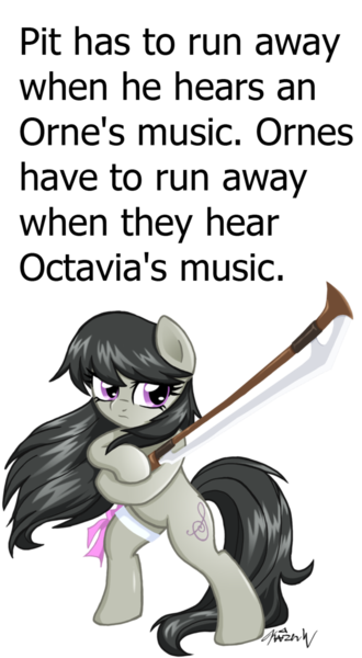 Size: 662x1205 | Tagged: safe, artist:kaizenwerx, artist:rgm2011, derpibooru import, octavia melody, pony, bipedal, glorious cello princess, kid icarus: uprising, orne, pit (kid icarus), sword, weapon