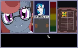 Size: 640x400 | Tagged: safe, artist:herooftime1000, derpibooru import, vinyl scratch, oc, oc:cryptania, bat pony, pony, octavia in the underworld's cello, adorkable, cute, death by batabeetus, dork, pixel art