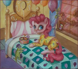 Size: 949x842 | Tagged: artist:dirlcutto, bed, bedroom, candy, clothes, derpibooru import, food, gummy, lollipop, pajamas, pinkie pie, pinkie's room, safe, traditional art, watercolor painting