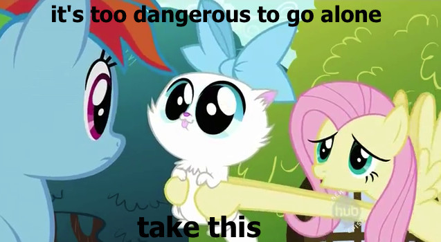 Size: 637x350 | Tagged: artist:thecat101, bow, cute, derpibooru import, edit, edited screencap, fluttershy, hub logo, it's dangerous to go alone, kitten, may the best pet win, meme, mitsy, quote, rainbow dash, reaction image, reference, safe, screencap, the legend of zelda