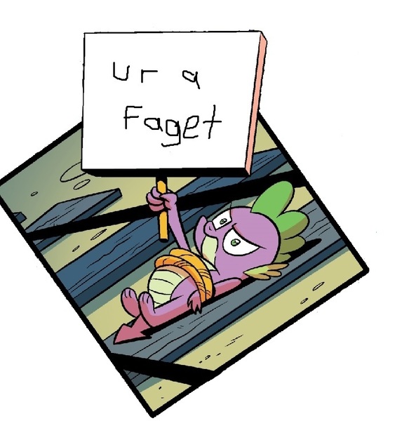 Size: 691x736 | Tagged: artist:brendahickey, derpibooru import, edit, faggot, forced meme, idw, meme, peril, rope, safe, spike, spike's rude sign, spoiler:comic, spoiler:comicff19, tied to tracks, tied up, train tracks, ur a faget, vulgar