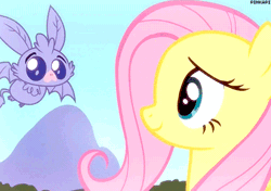 Size: 500x352 | Tagged: animated, baby bat, bat, bats!, cute, derpibooru import, eyes closed, fluttershy, flying, fruit bat, nuzzling, safe, screencap, shyabetes, smiling, solo, spread wings, wings