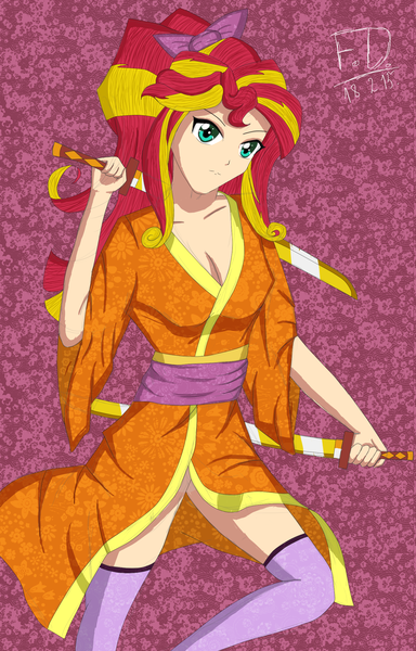 Size: 1536x2400 | Tagged: safe, artist:fluffydus, derpibooru import, sunset shimmer, equestria girls, breasts, cleavage, clothes, dual wield, female, kimono (clothing), solo, sword, weapon
